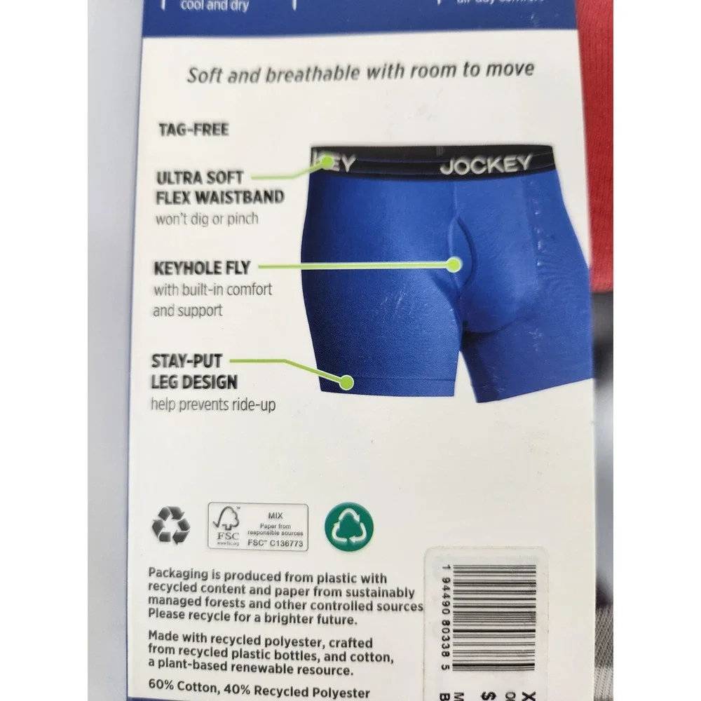 Men's Jockey 4-Pack‎ Cotton Stretch Long-Leg Boxer Red Blue Size XL Underwear